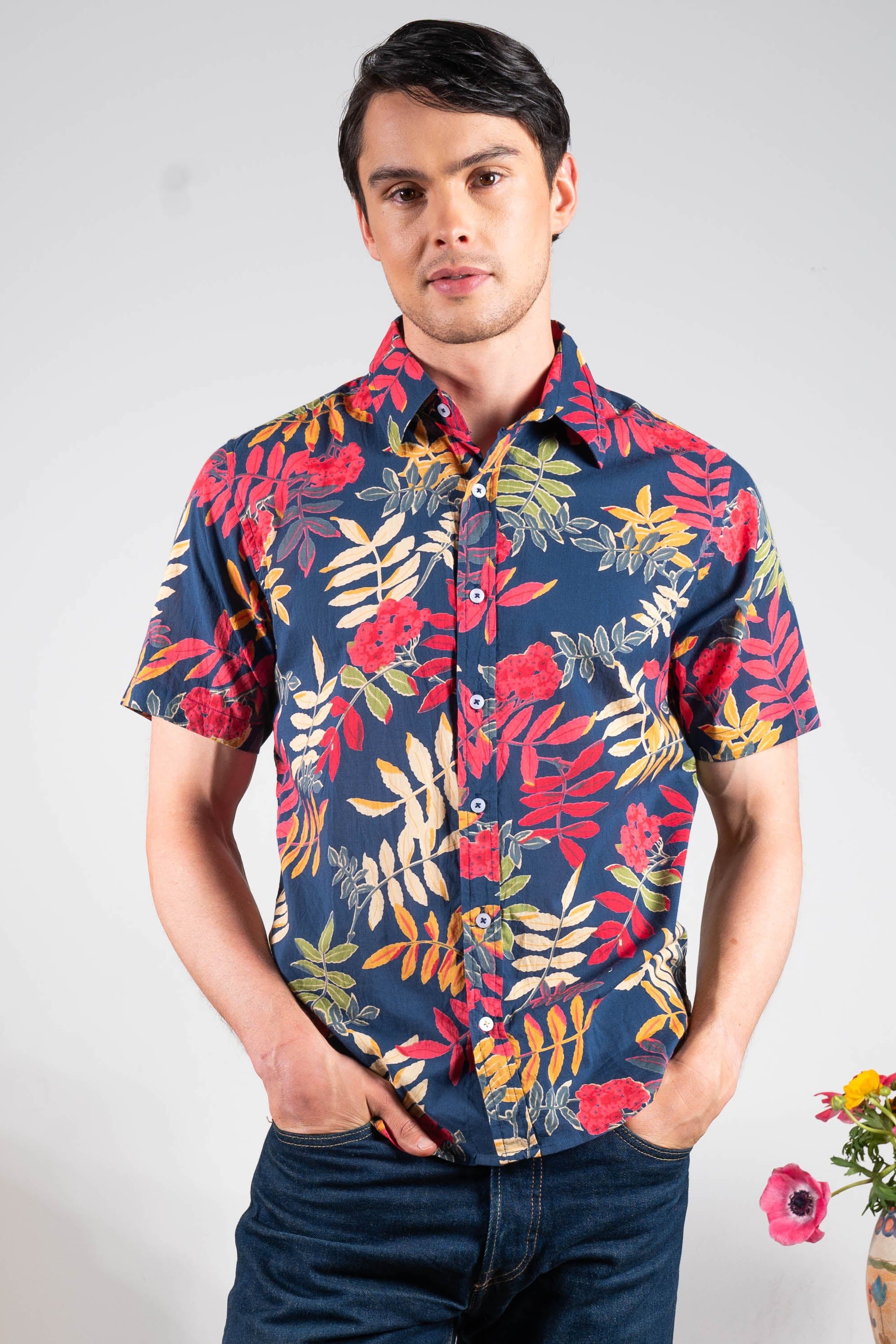 Hand Printed 'The Prat' Short Sleeve Shirt in Royal Blue Floral print
