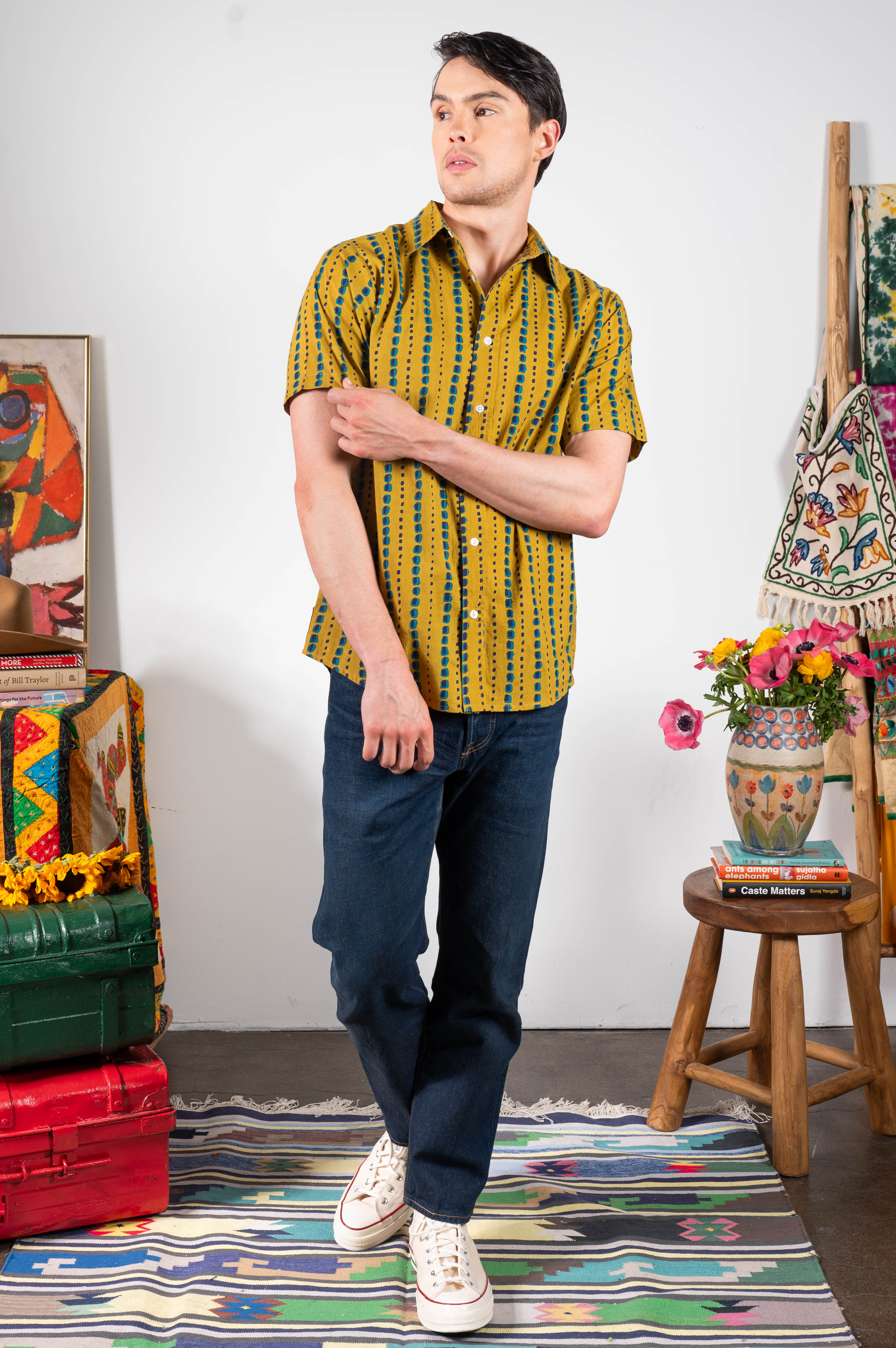 Hand Printed 'The Sheril' Short Sleeve Shirt in Mustard and Teal Print