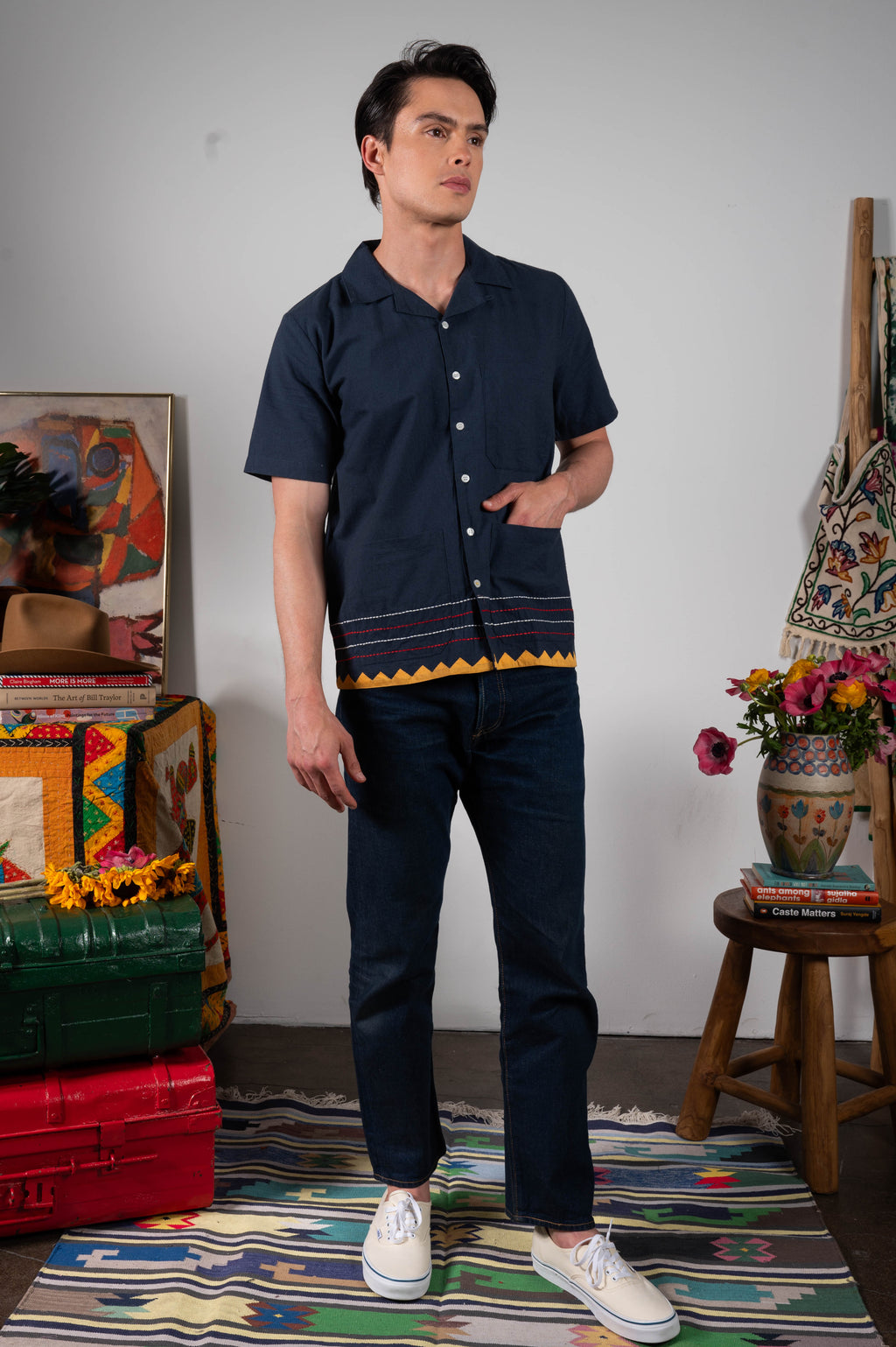 'The Don' Camp Collar Shirt in Navy Appliqué and Embroidery