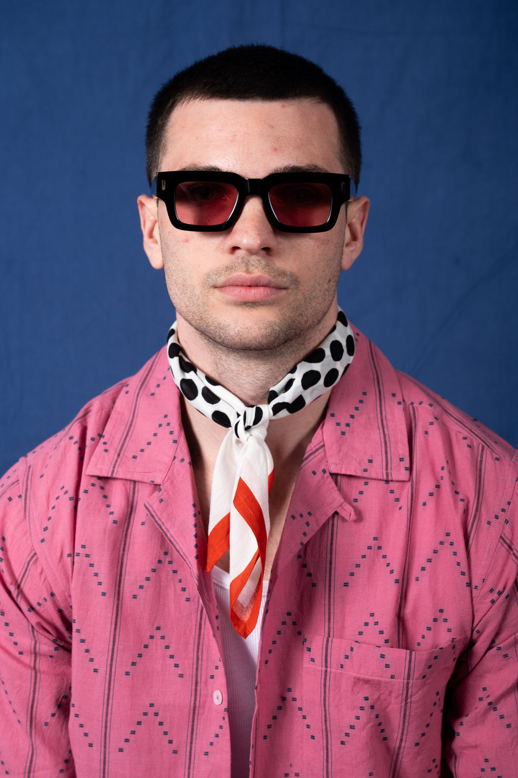 'The Don' Camp Shirt in Pink with Navy Jamdani Embroidery