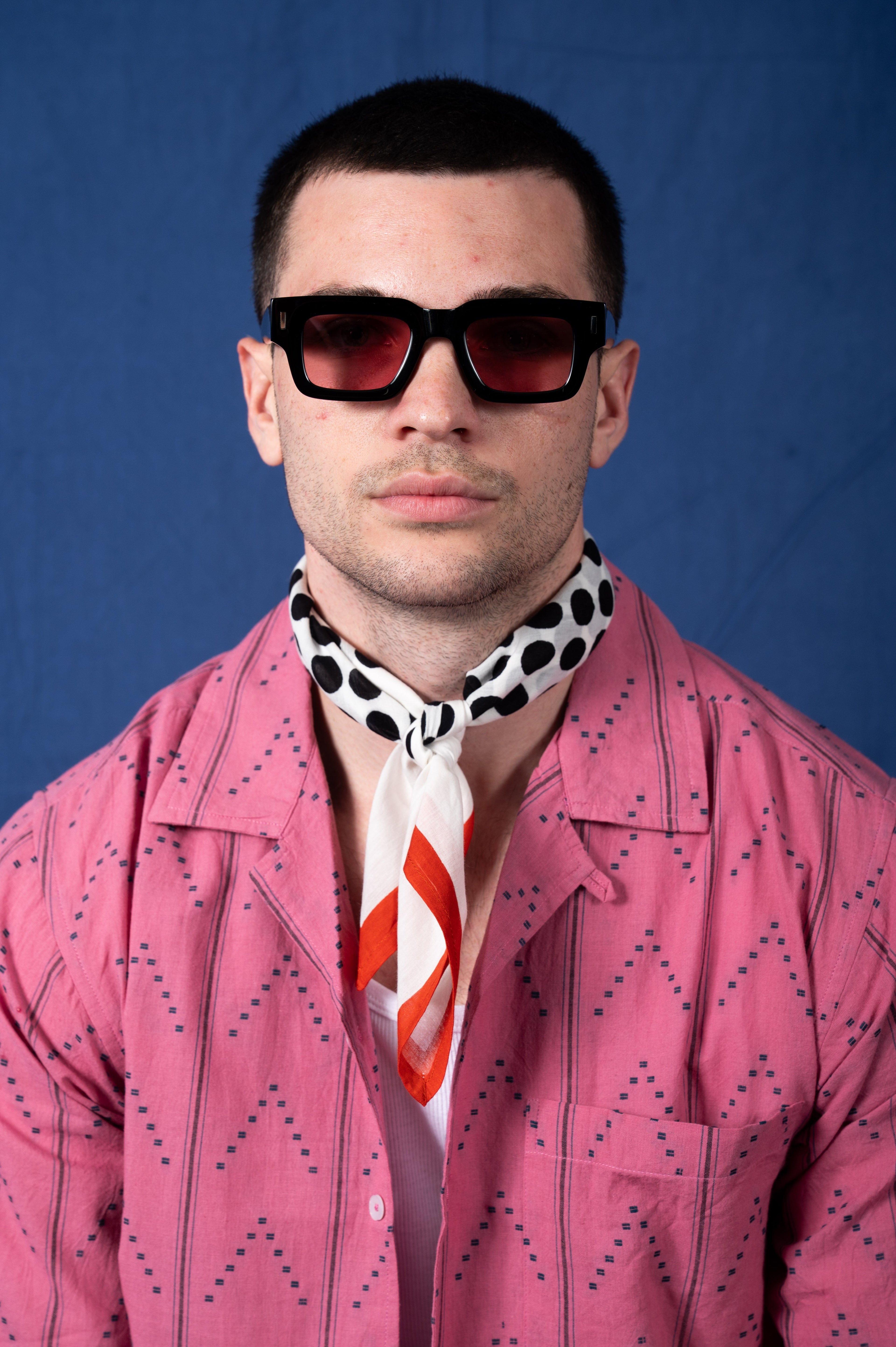 'The Don' Camp Shirt in Pink with Navy Jamdani Embroidery