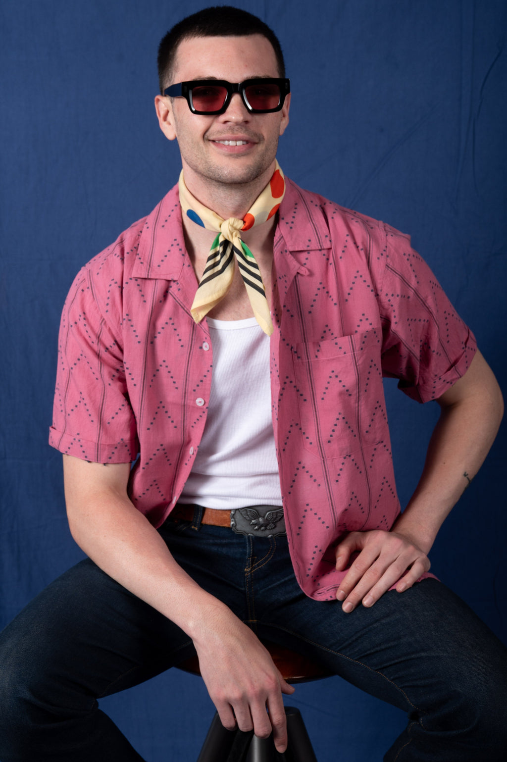 'The Don' Camp Shirt in Pink with Navy Jamdani Embroidery