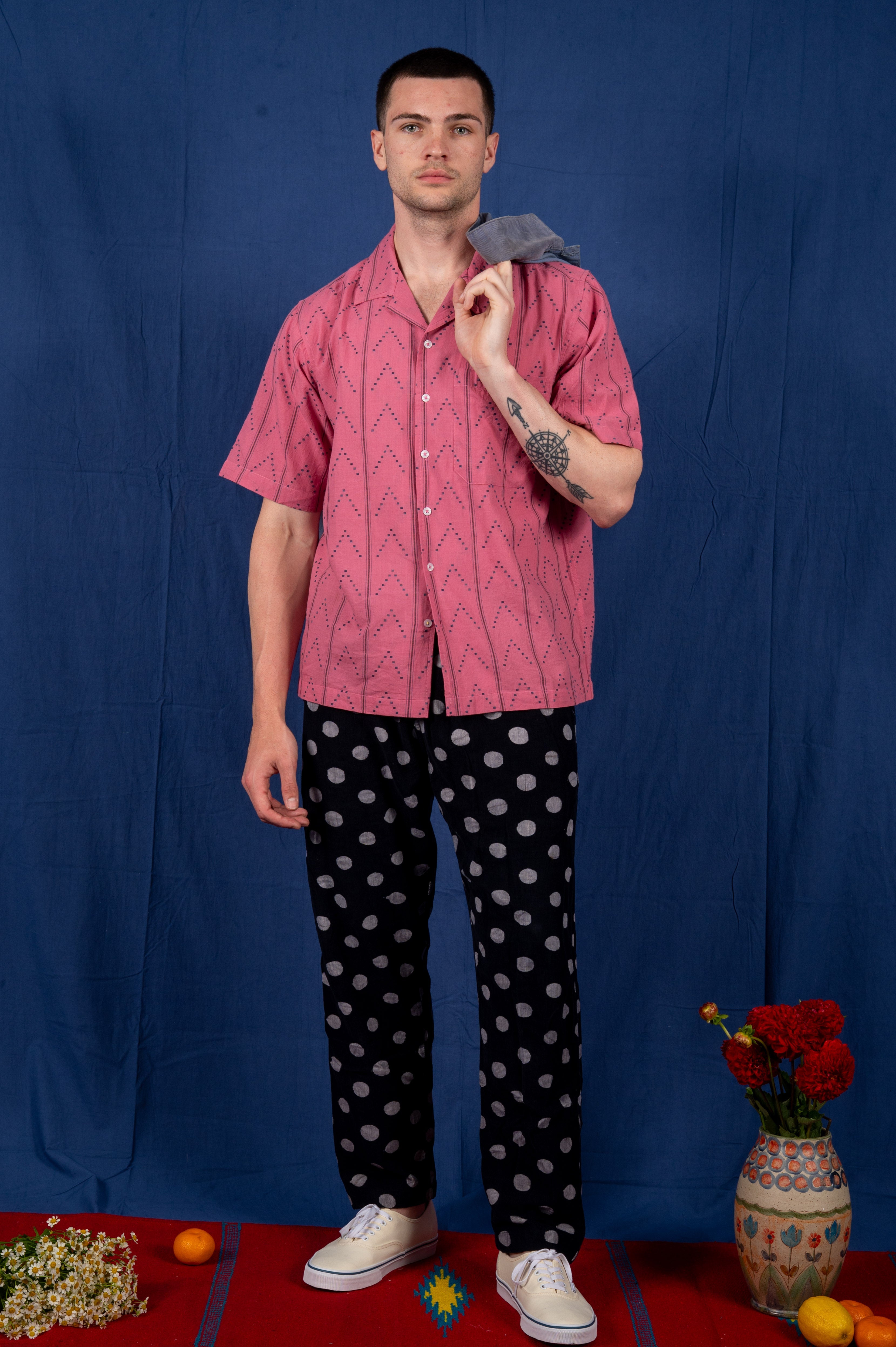 'The Don' Camp Shirt in Pink with Navy Jamdani Embroidery