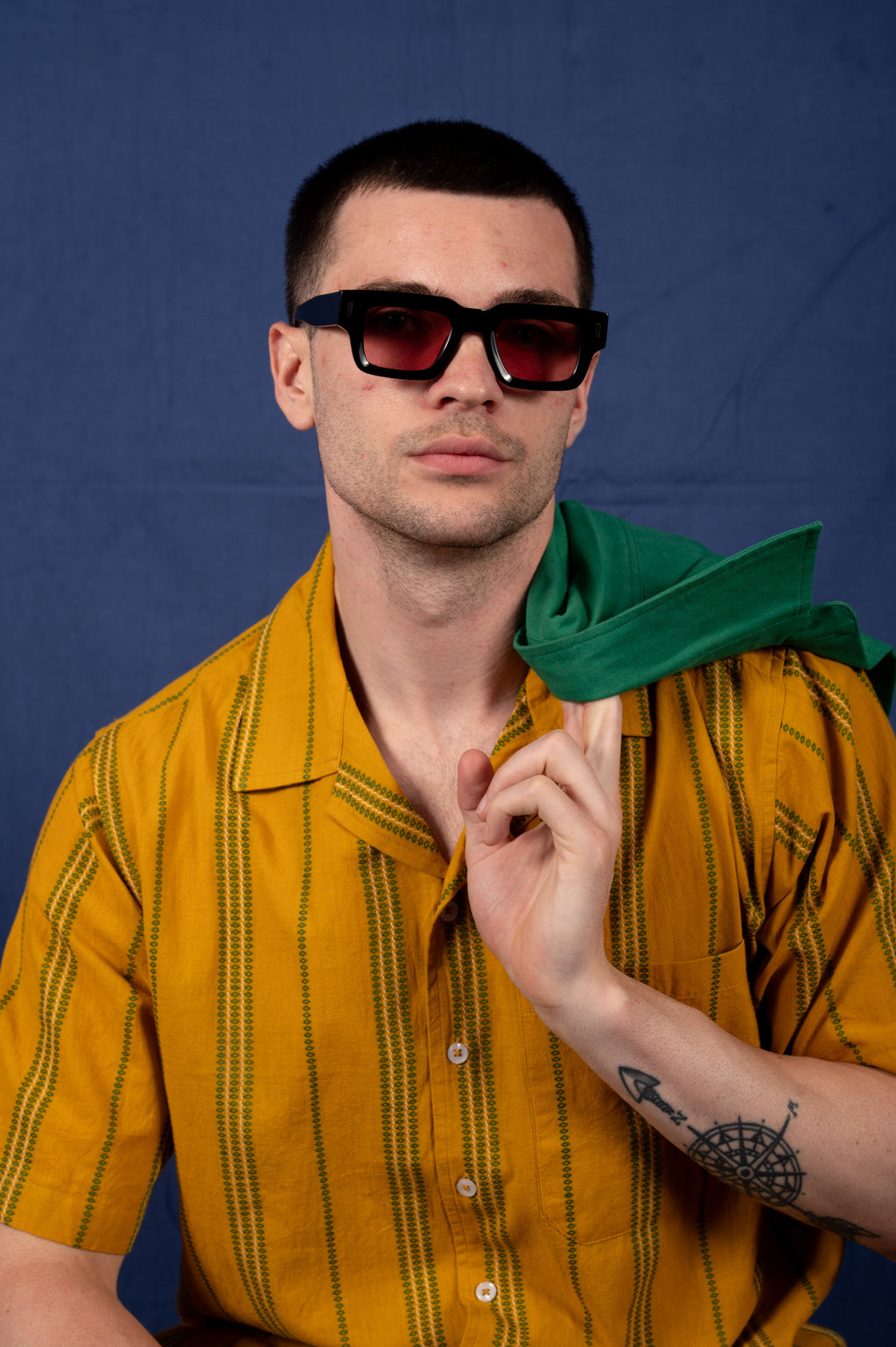 'The Don' Camp Shirt in Mustard with Green Jamdani Embroidery