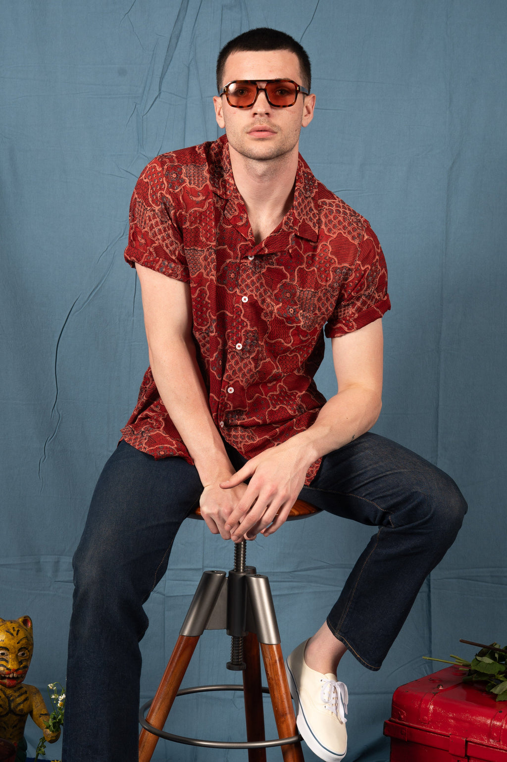 Hand Block Printed 'The Don' Camp Collar Shirt in Red Abstract Print