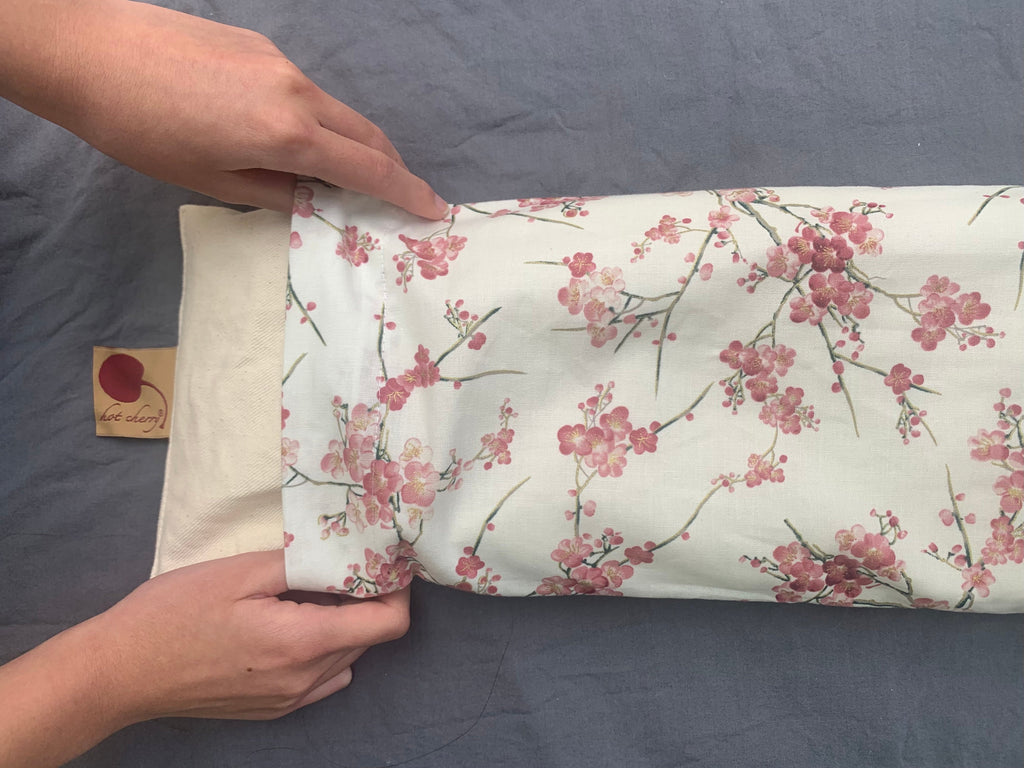 Rectangle/Cervical Pillow in Unbleached, Pre-washed, Natural Denim, with Cherry Blossom Pillowcase