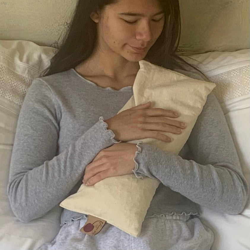 Rectangle/Cervical Pillow in Unbleached, Pre-washed, Natural Denim, with Cherry Blossom Pillowcase