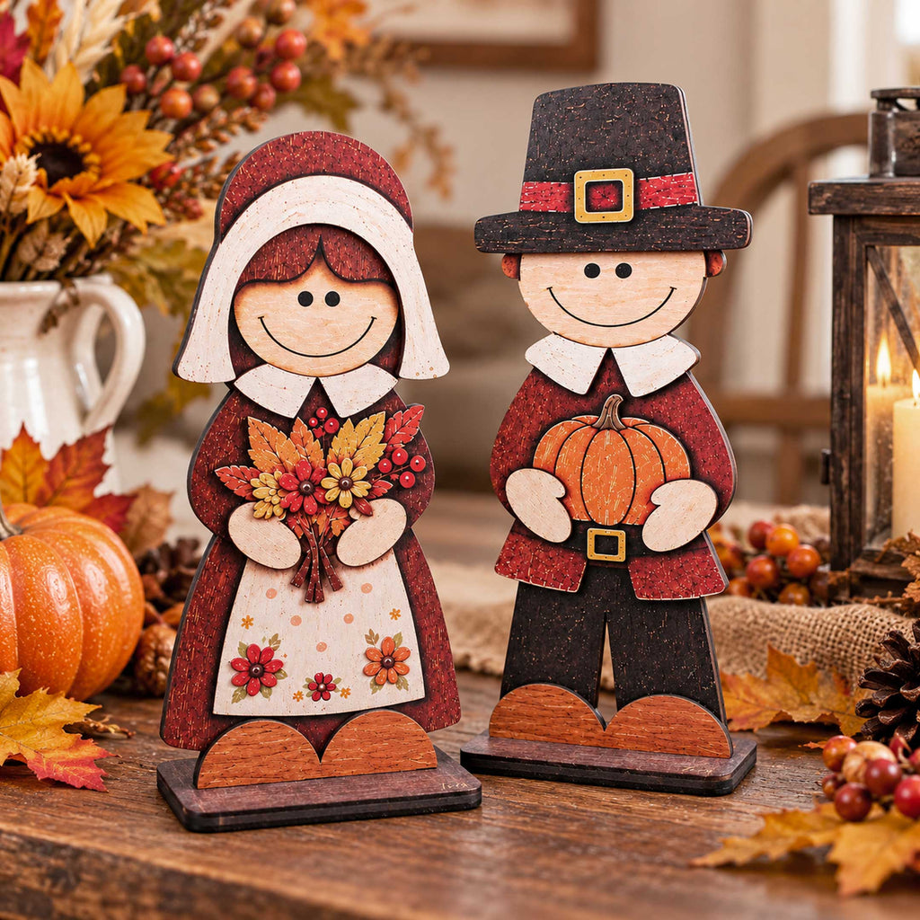Thanksgiving Pilgrim Couple and Turkey Wooden Tabletop Decoration Set of 3 – Harvest Fall Décor by G. Debrekht - 862112-OP-S3