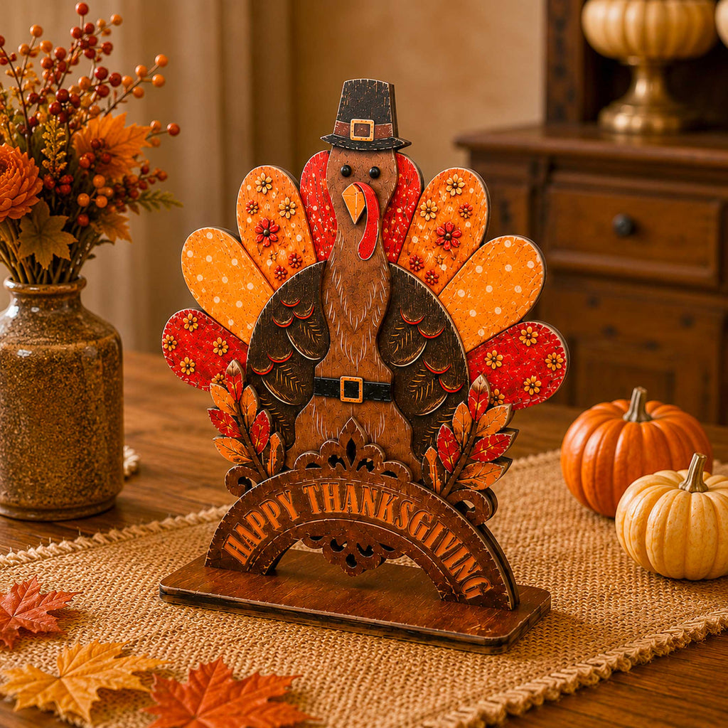 Thanksgiving Pilgrim Couple and Turkey Wooden Tabletop Decoration Set of 3 – Harvest Fall Décor by G. Debrekht - 862112-OP-S3