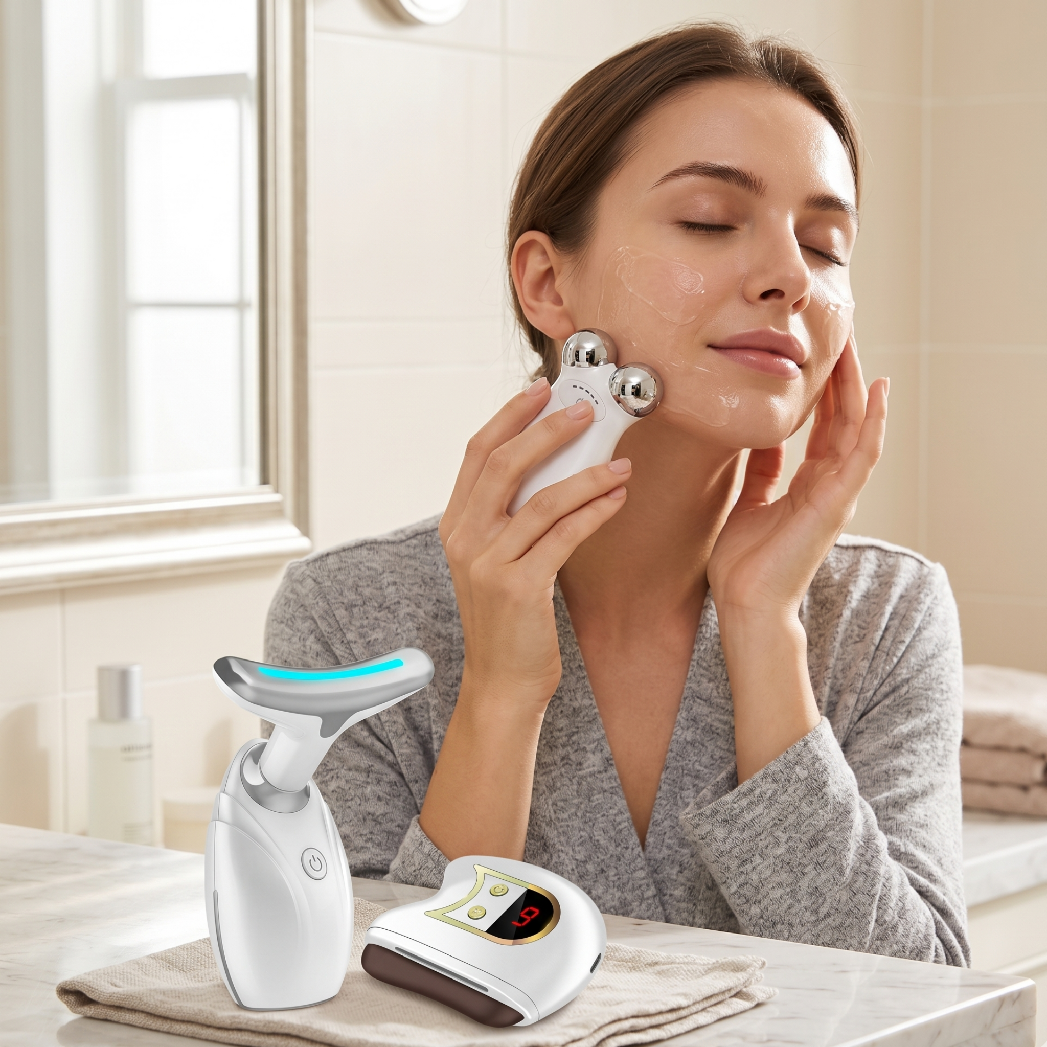 Set of 3- Lift, Sculpt & Glow Toolkit - LED Therapy, Electric Gua Sha & Microcurrent Toning Device for Radiant Skin