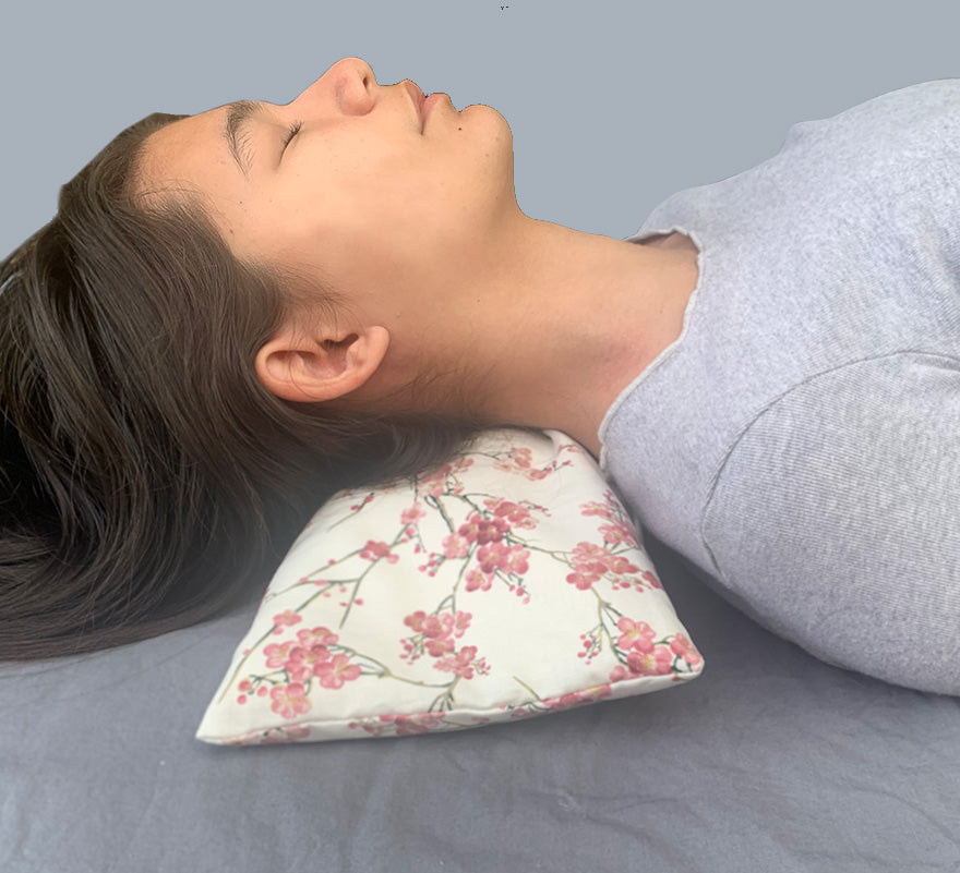 Rectangle/Cervical Pillow in Unbleached, Pre-washed, Natural Denim, with Cherry Blossom Pillowcase