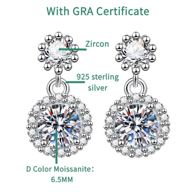 Moissanite Halo Drop Earrings in 925 Sterling Silver
