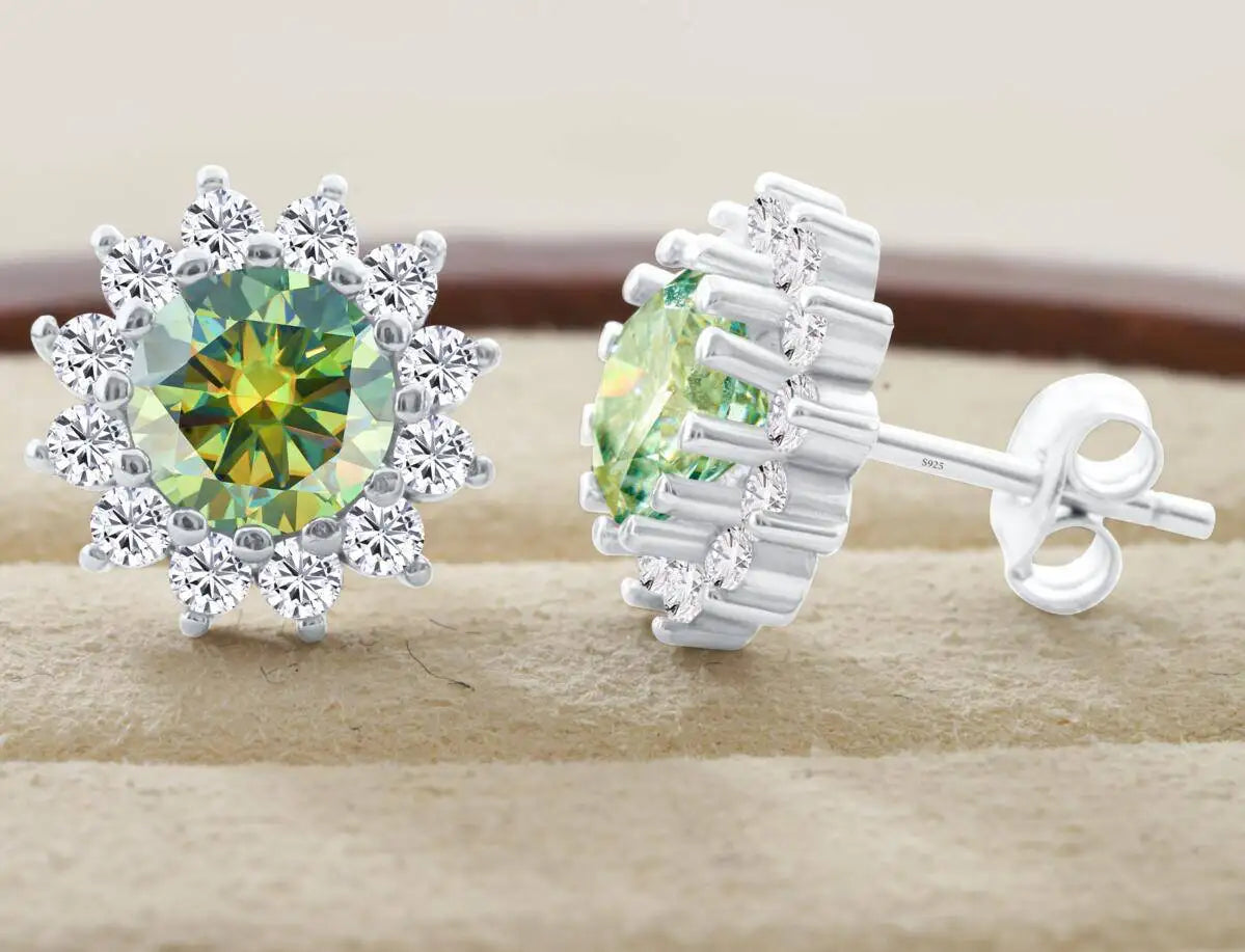 Moissanite Sunburst Halo Stud Earrings in Sterling Silver