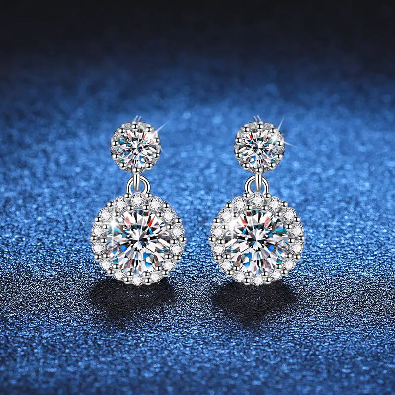 Moissanite Halo Drop Earrings in 925 Sterling Silver