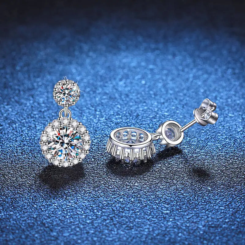Moissanite Halo Drop Earrings in 925 Sterling Silver