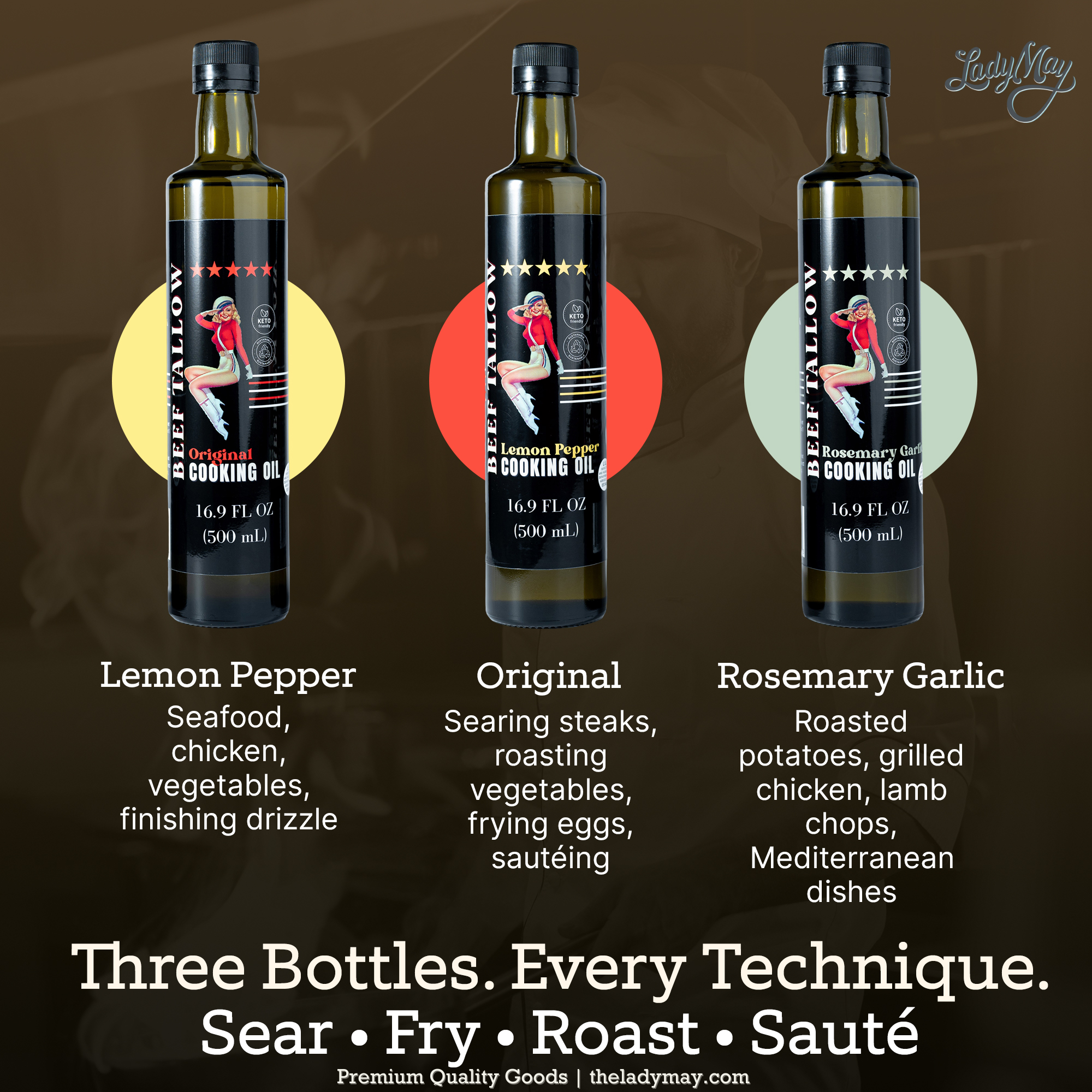 Cooking Oil Trio Bundle | Grass-Fed Beef Tallow & Olive Oil | Original, Rosemary Garlic & Lemon Pepper | Clean High-Heat Cooking from Our Restaurant Kitchen