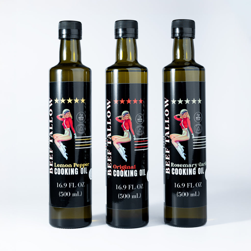 Cooking Oil Trio Bundle | Grass-Fed Beef Tallow & Olive Oil | Original, Rosemary Garlic & Lemon Pepper | Clean High-Heat Cooking from Our Restaurant Kitchen
