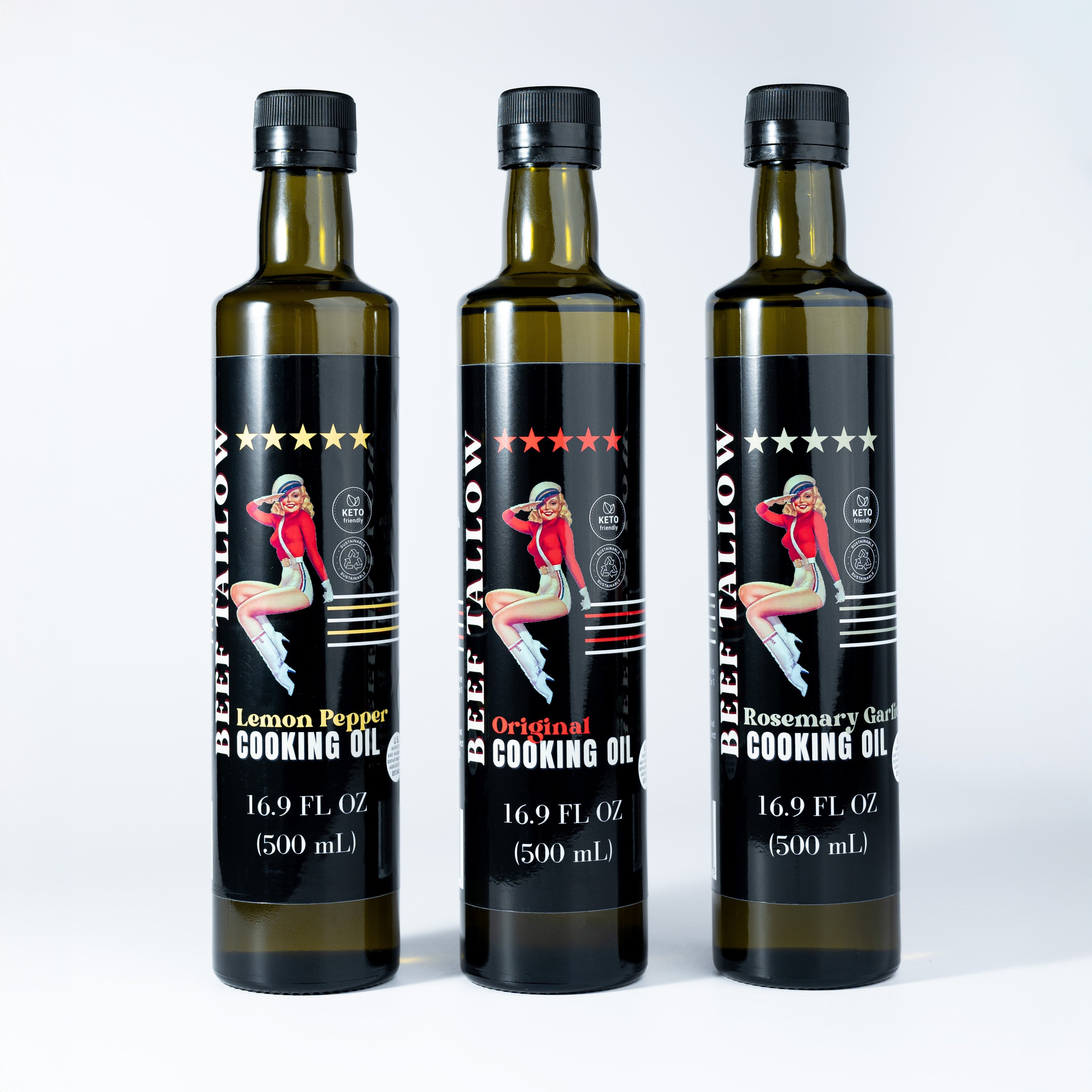Cooking Oil Trio Bundle | Grass-Fed Beef Tallow & Olive Oil | Original, Rosemary Garlic & Lemon Pepper | Clean High-Heat Cooking from Our Restaurant Kitchen