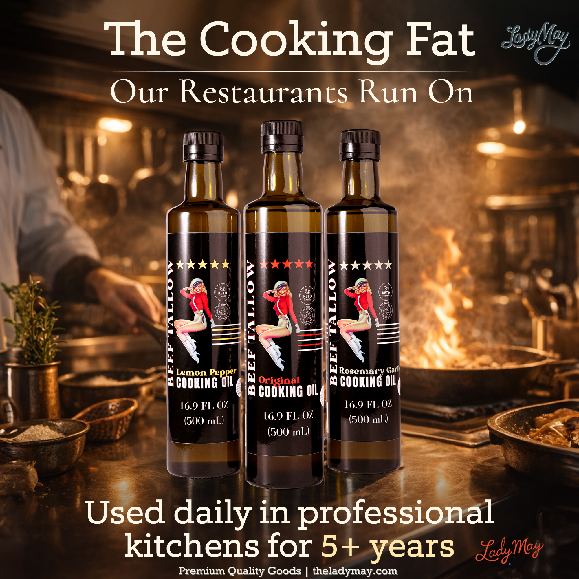 Cooking Oil Trio Bundle | Grass-Fed Beef Tallow & Olive Oil | Original, Rosemary Garlic & Lemon Pepper | Clean High-Heat Cooking from Our Restaurant Kitchen