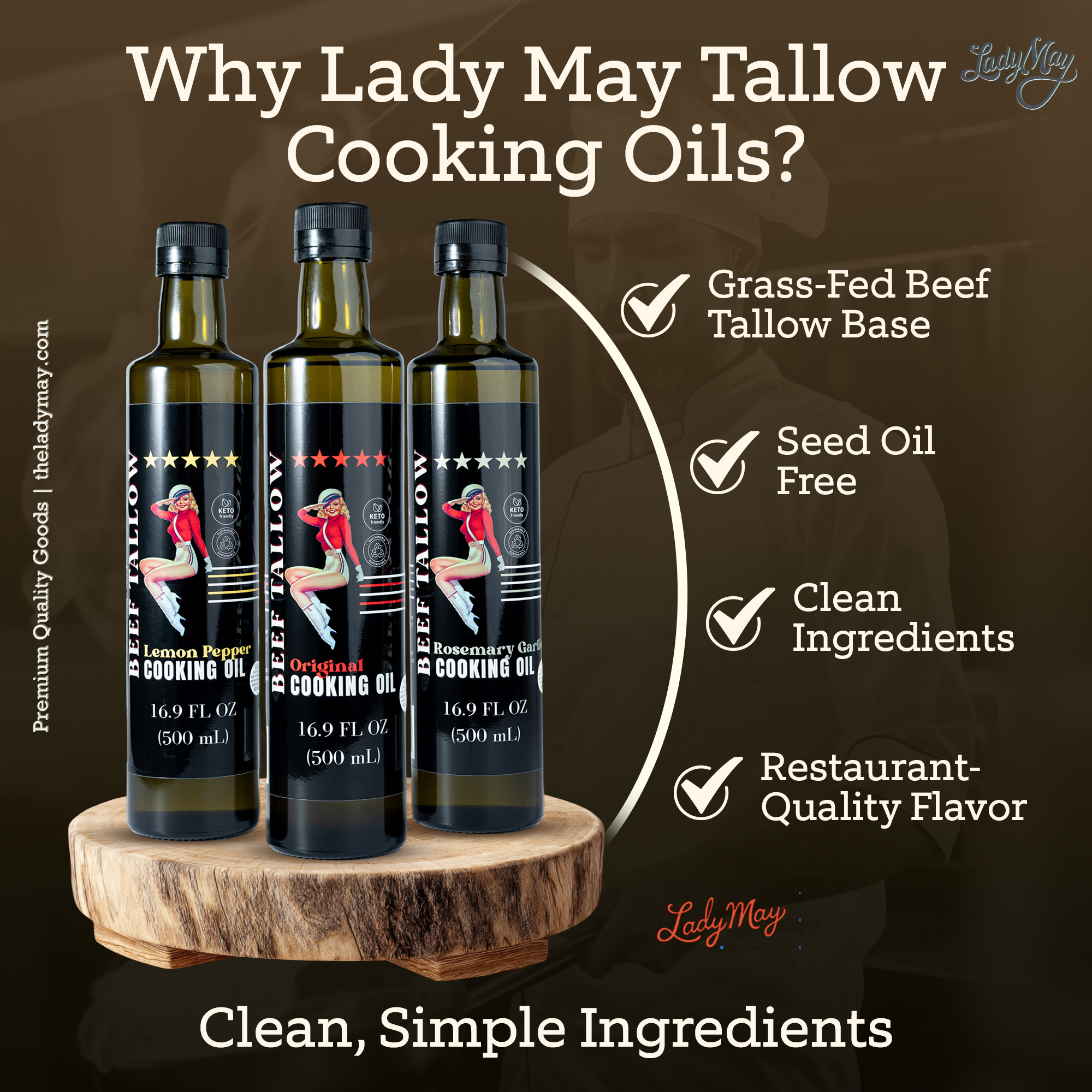 Cooking Oil Trio Bundle | Grass-Fed Beef Tallow & Olive Oil | Original, Rosemary Garlic & Lemon Pepper | Clean High-Heat Cooking from Our Restaurant Kitchen