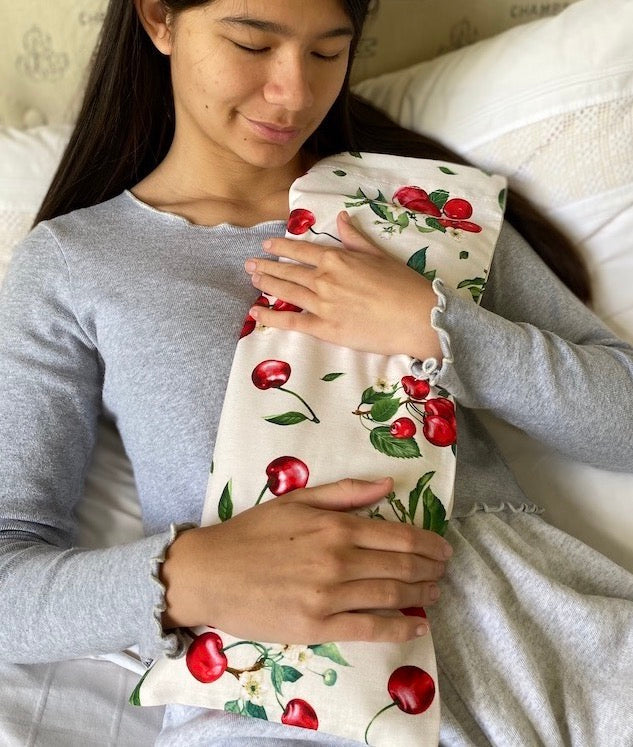 Rectangle/Cervical Pillow in Unbleached, Pre-washed, Natura Denim with Cherry Print Pillowcase
