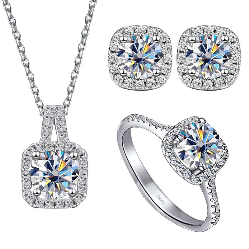 Colored Cushion Halo Moissanite Necklace, Earrings & Ring Set