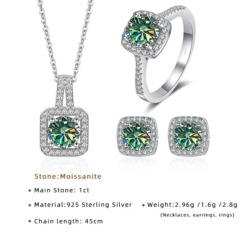 Colored Cushion Halo Moissanite Necklace, Earrings & Ring Set