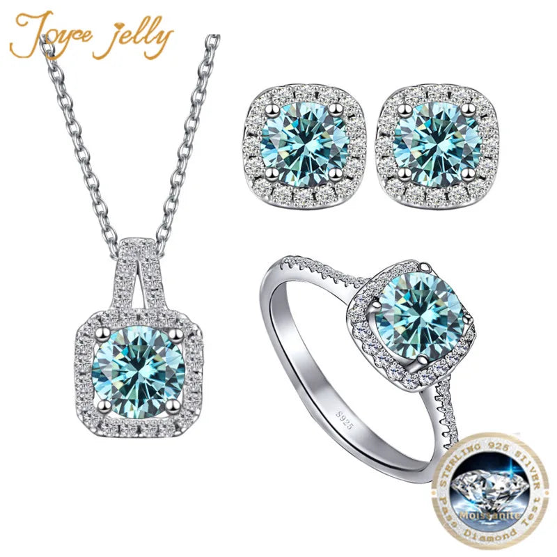 Colored Cushion Halo Moissanite Necklace, Earrings & Ring Set
