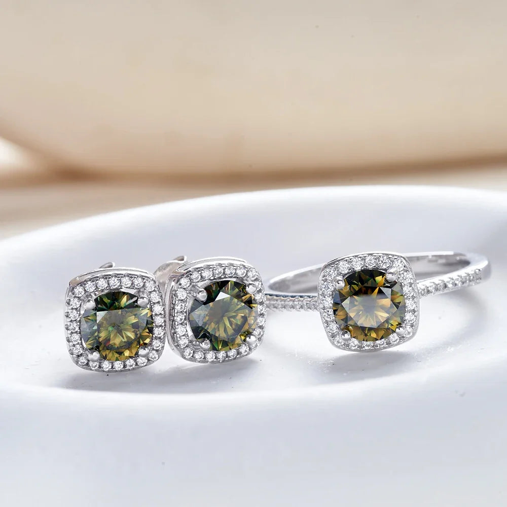 Colored Cushion Halo Moissanite Necklace, Earrings & Ring Set