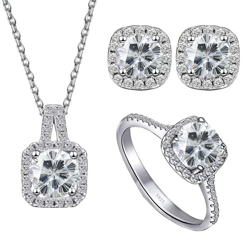 Colored Cushion Halo Moissanite Necklace, Earrings & Ring Set