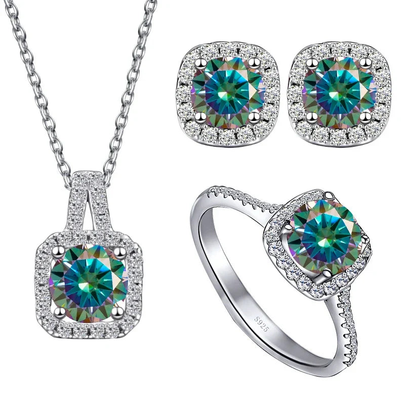 Colored Cushion Halo Moissanite Necklace, Earrings & Ring Set