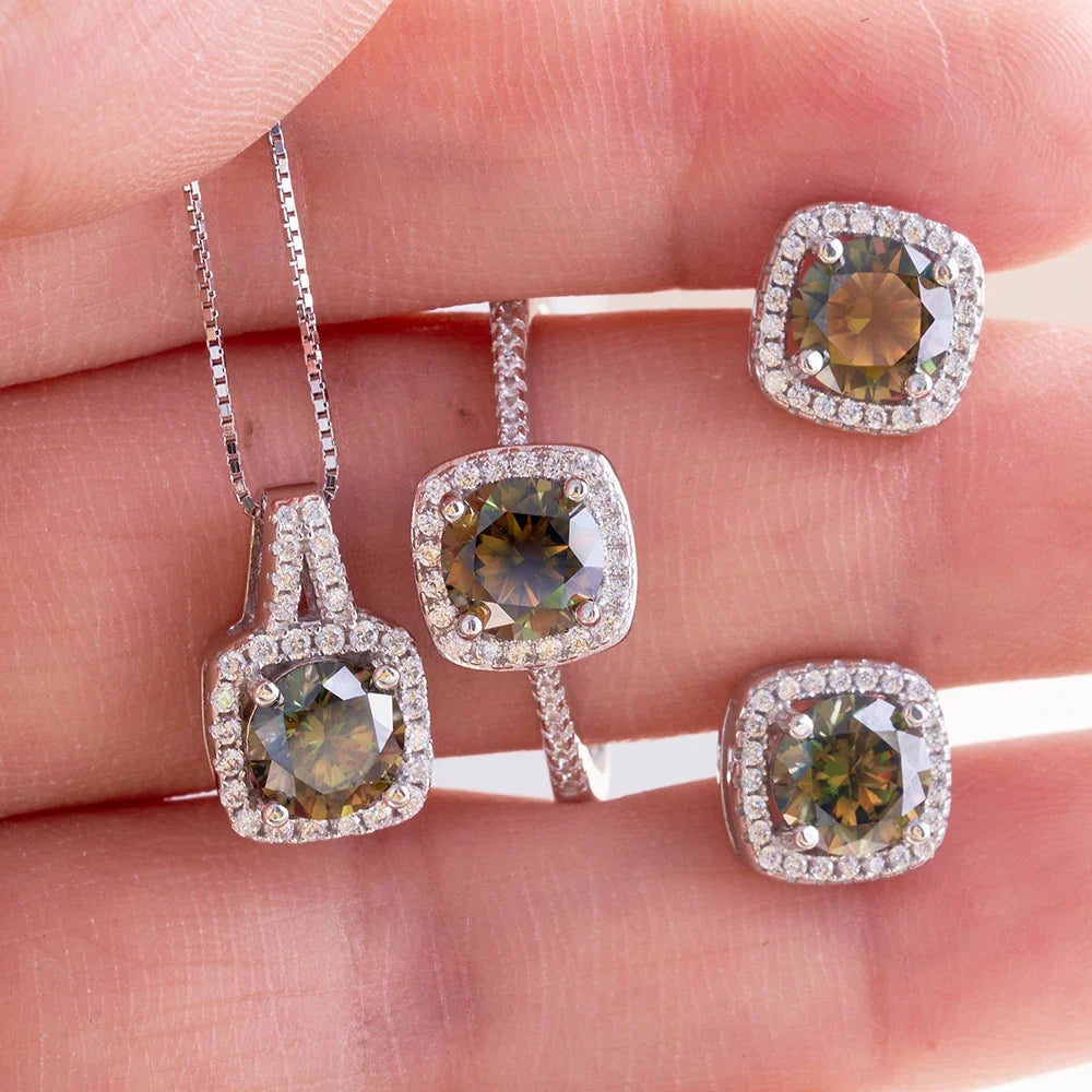 Colored Cushion Halo Moissanite Necklace, Earrings & Ring Set