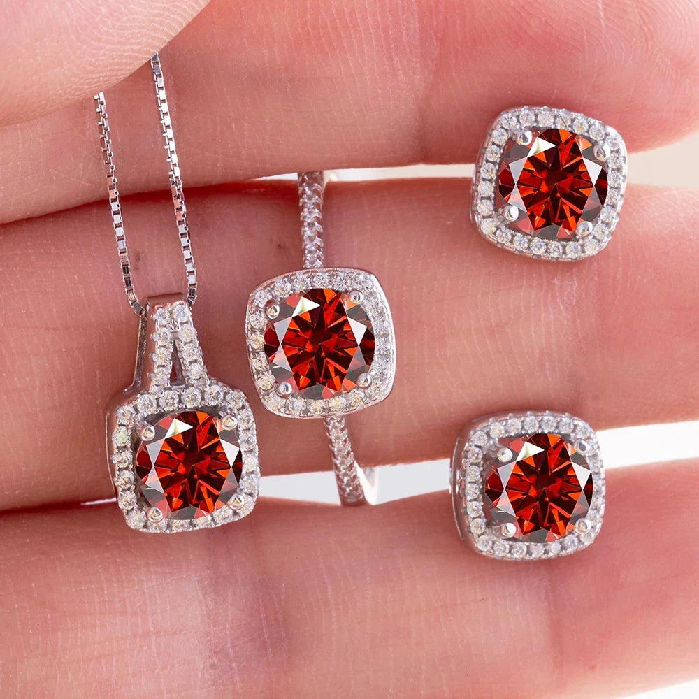 Colored Cushion Halo Moissanite Necklace, Earrings & Ring Set