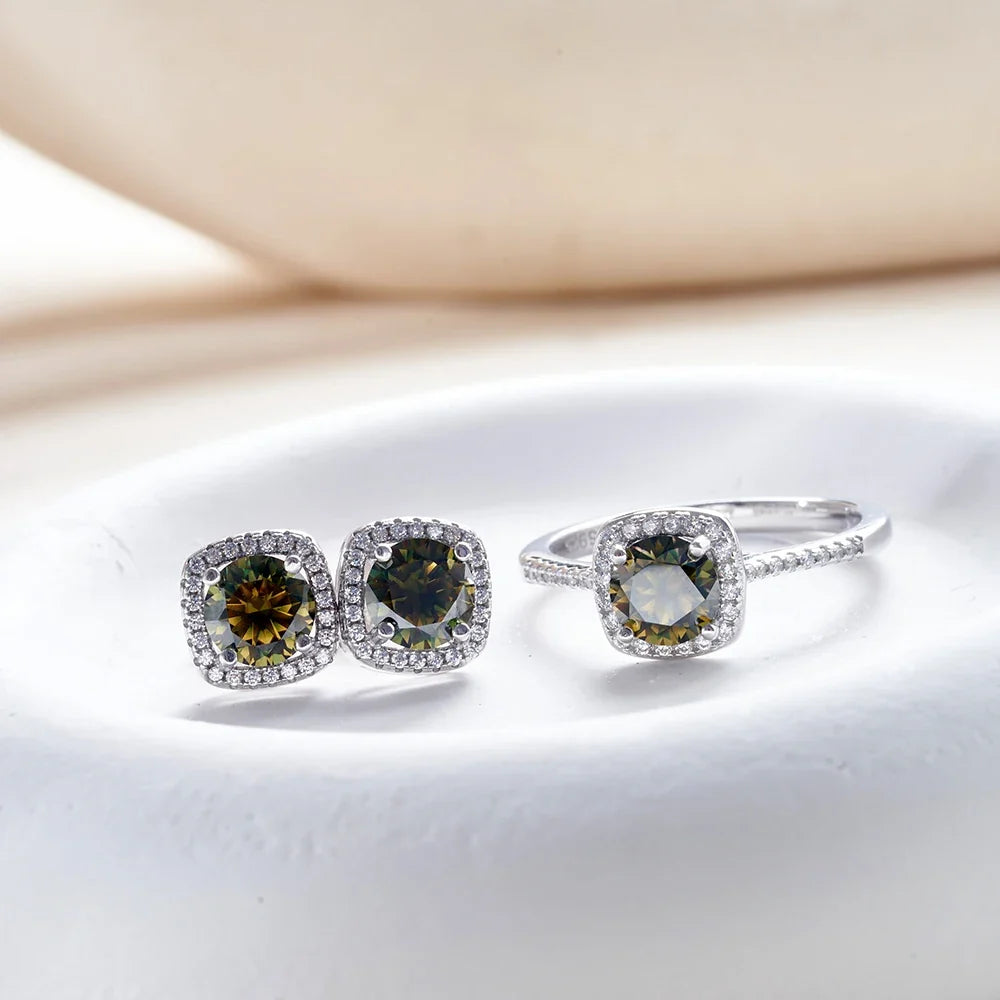 Colored Cushion Halo Moissanite Necklace, Earrings & Ring Set